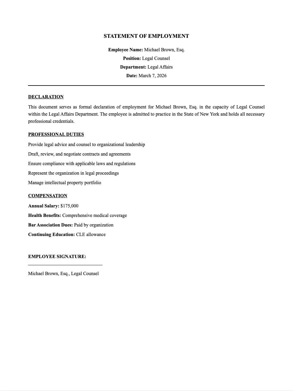 Professional legal workplace statement